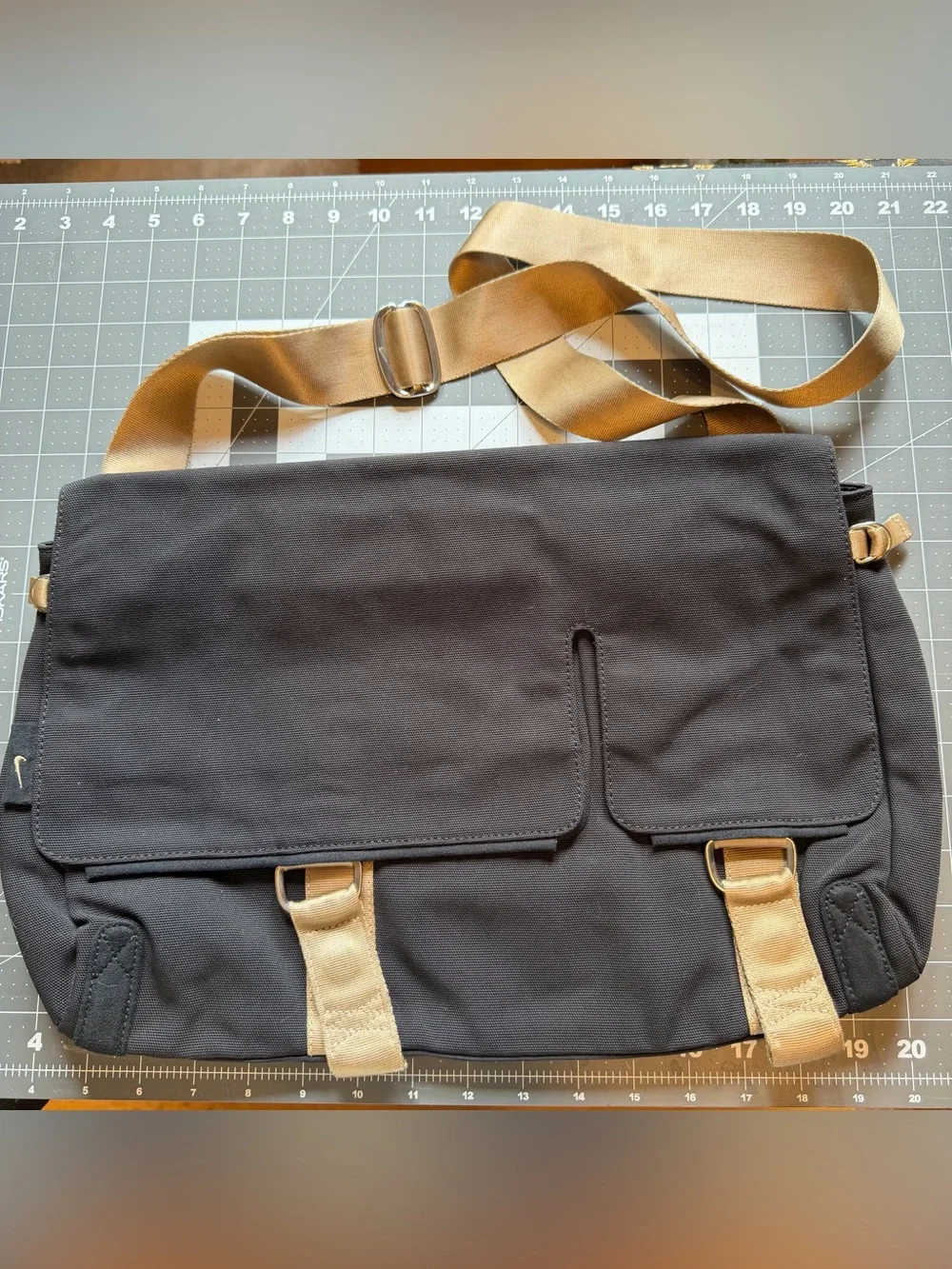 Nike Black Canvas Messenger Bag with Tan Straps